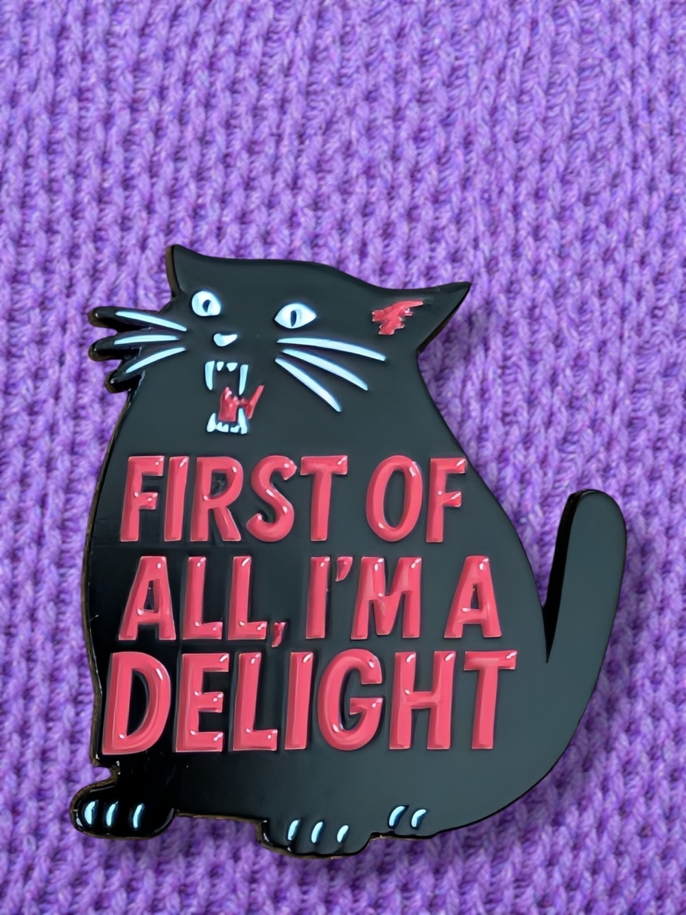 Black Cat Enamel Pin - 'First Of All, I'm A Delight'